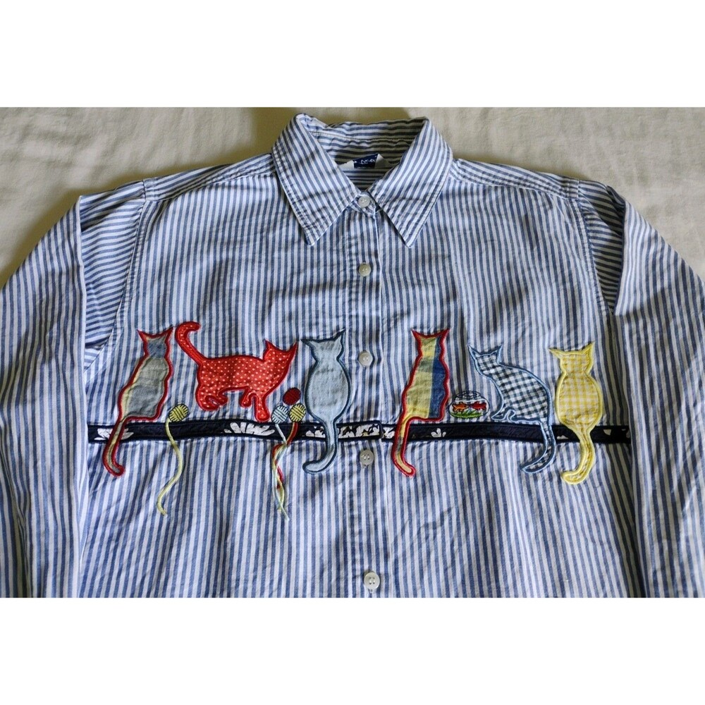 Vtg Two Twenty Button Up Shirt Top Cat Lady Applique LS Cotton Stripe L VGC